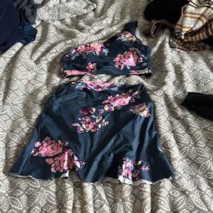 Floral A-Line Swim Skirt with Matching Top - Navy with Pink Blooms
